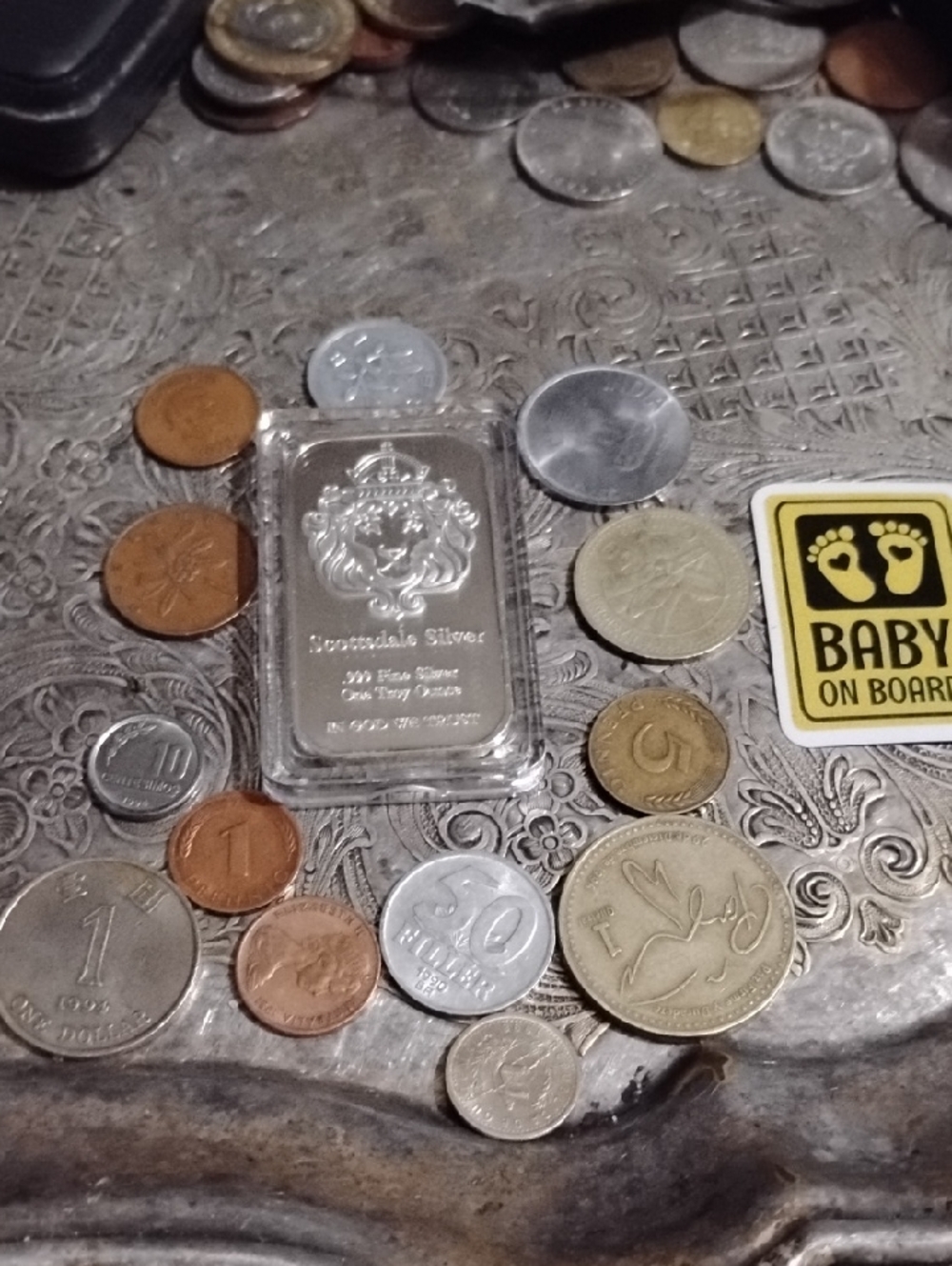 Silver Bullion Plated Bar with Mixed World Coins - Silver Tone